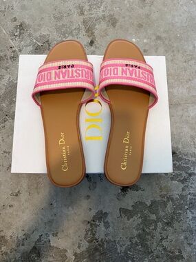 Dior Pink Woven Logo Slide Sandals with Tan Footbed